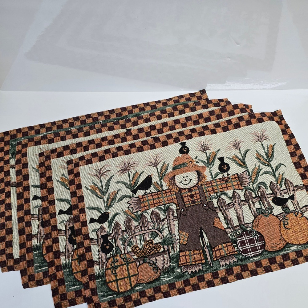 Scarecrow Fall Tapestry Placemats Set of 4 Harvest Rustic Cottage‎ Thanksgiving